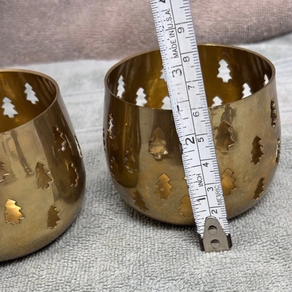 Vintage‎ Brass Christmas Tree Cutout Votive Candle Holder Set of 2 Gold Tone 3in
